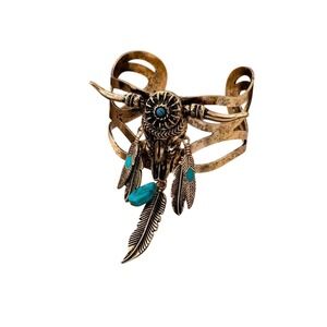 Boho Bull Skull Feather Turquoise Cuff Bracelet Gold Tone Women